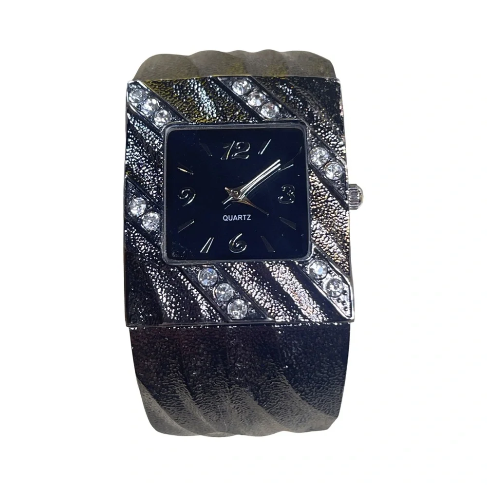 Elegant Black & Silver Rhinestone Cuff Bangle Watch | Japan Movt